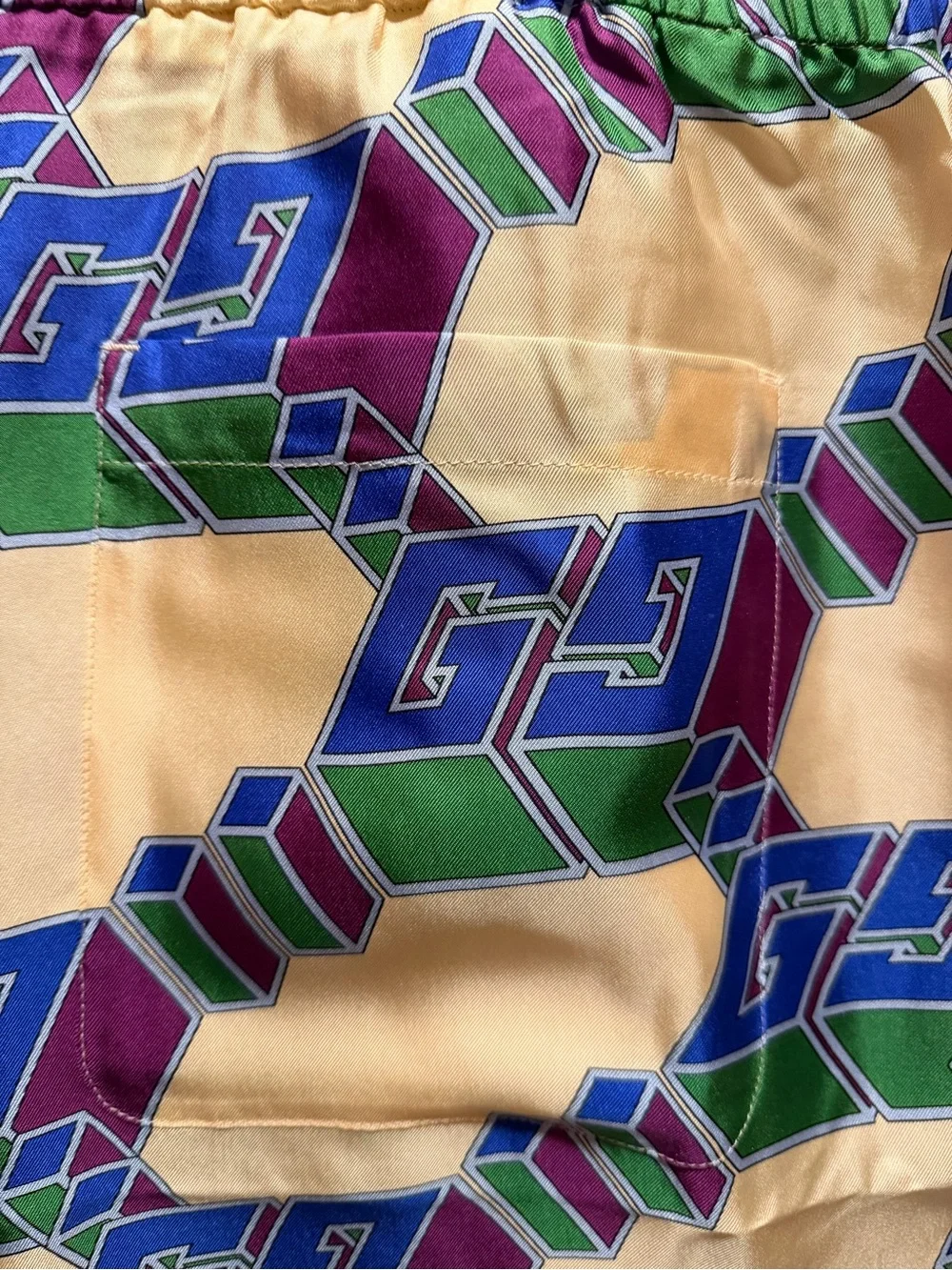 New Gucci GG Logo Silk Shorts Cream Blue Size IT 54 / US L 36 - 40 Waist